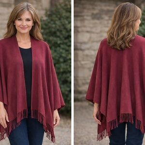 BERK Burlington Arcade London Cashmere Burgundy Fringe Poncho Shawl Cape Wrap